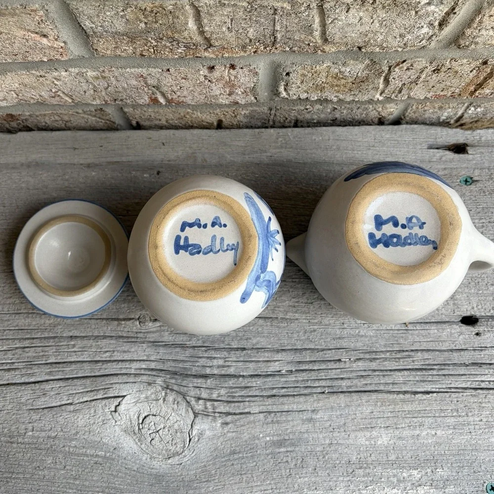 MA Hadley Pottery Prancing Blue Horse Sugar Bowl With Lid & Creamer Oversized